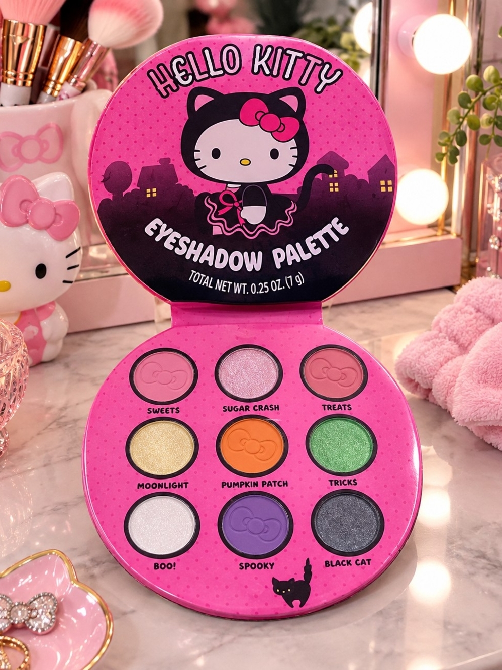 Hello Kitty Eyeshadow Palette — Pink, Gold, Orange, Green, Purple, Silver, White
